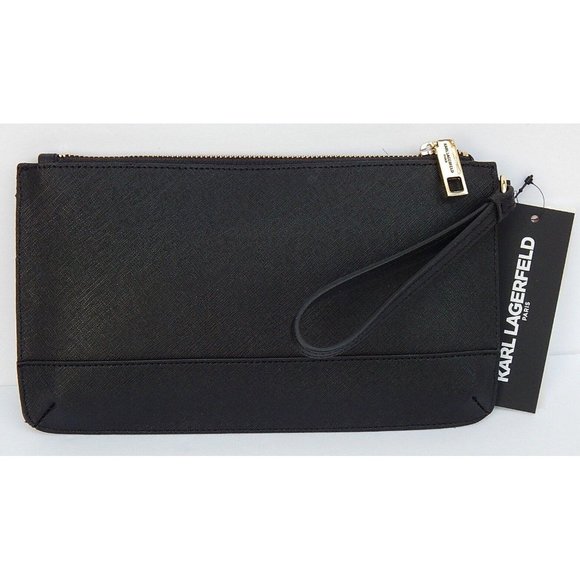 Karl Lagerfeld Paris Double Zip Wallet Wristlet Clutch Black Leather - Picture 2 of 6